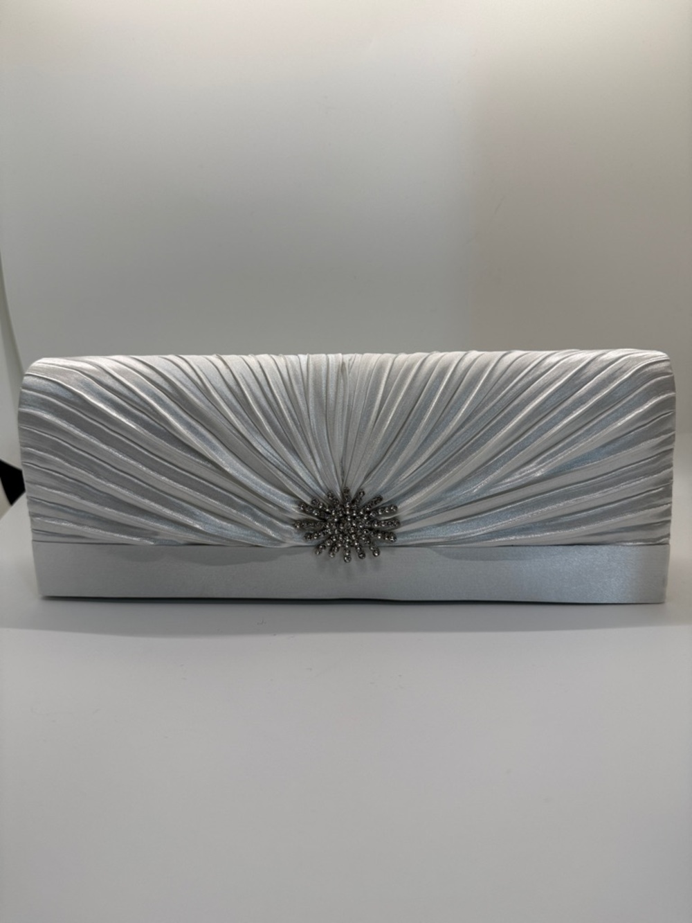 Elegant white Pleated Evening Clutch with Rhinestone Accent